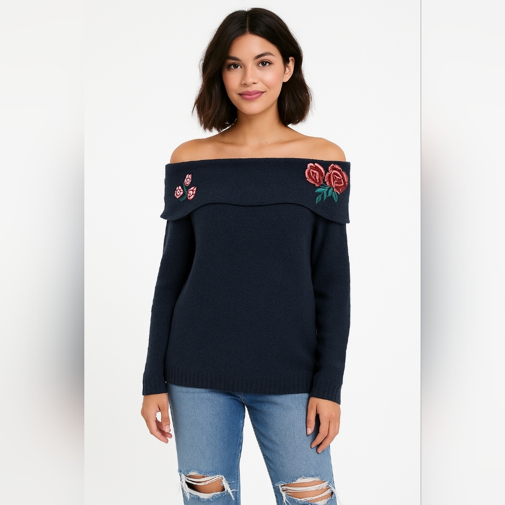 CLOUD CHASER Juniors Sz S Off-the-Shoulder Embroidered Floral Sweater Jet Black